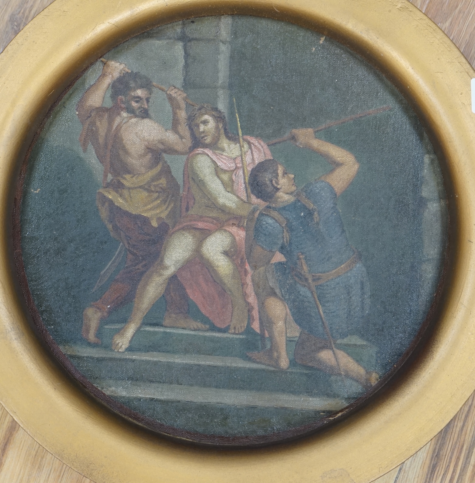 Early 20th century, tondo oil on canvas, Three robed figures, 28cm diameter, gilt framed. Condition - fair to good